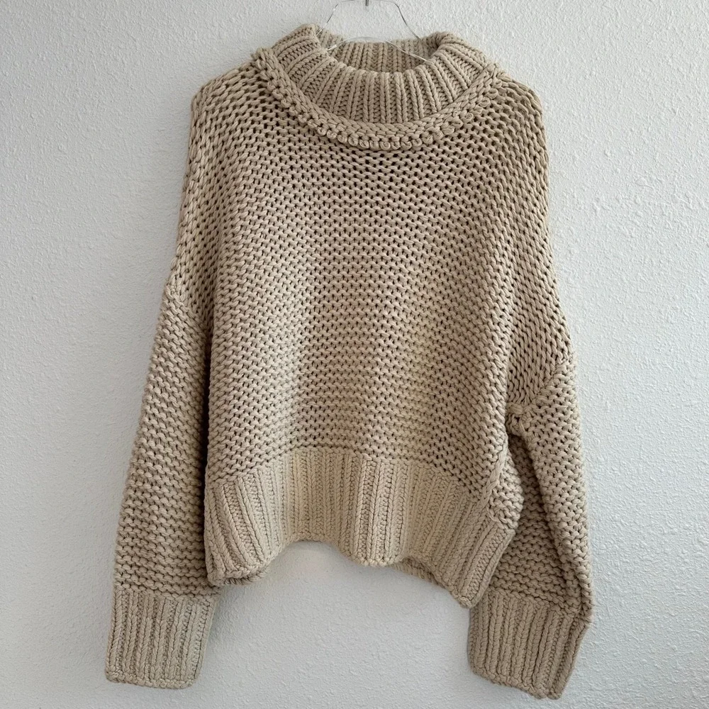 Free People My Only‎ Sunshine Sweater Womens Large Beige Mock Neck Chunky Knit